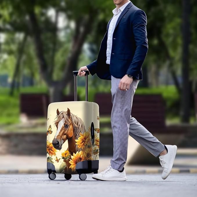 Horse Luggage Cover Universal Zip Suitcase Covers Elastic Spandex Fabric Baggage Cover Protector Butterfly Luggage Covers for Suitcase Non-Slip Baggage Case Covers(Sunflower), 26-29 Inch