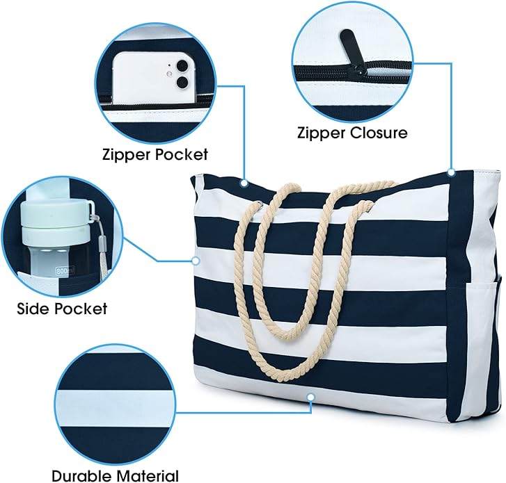 Becokan Beach Bag Large Beach Tote Bag for Women Waterproof Sandproof Swim Pool Bag With Zipper