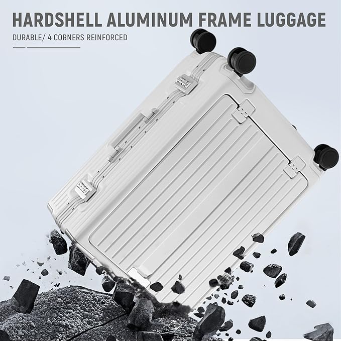 UrbanExplorer 20 Inch Carry On Luggage TSA Approved, Aluminum Frame Zipperless Luggage Carry On with Compartment for Short Trips, ABS+PC Hard Shell Suitcases with Spinner Wheels, White