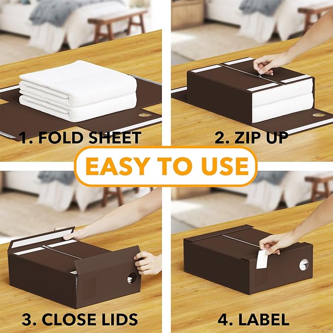 SpaceAid 12 Pack Bed Sheet Organizers and Storage, Foldable Sheet Organizer for Linen Closet, Sheets Set Folder Keeper with Window XL (Queen & King Size) Bedding Container (Brown, 12 Pack)