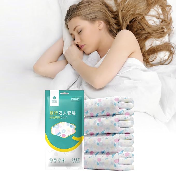 YOUNGTIME Disposable Sheets for Travel,Portable Bedspread Disposable Bedding Set with Bed Sheets Quilt Cover and 2 Pillowcases for Hotel & Trips,Strawberry