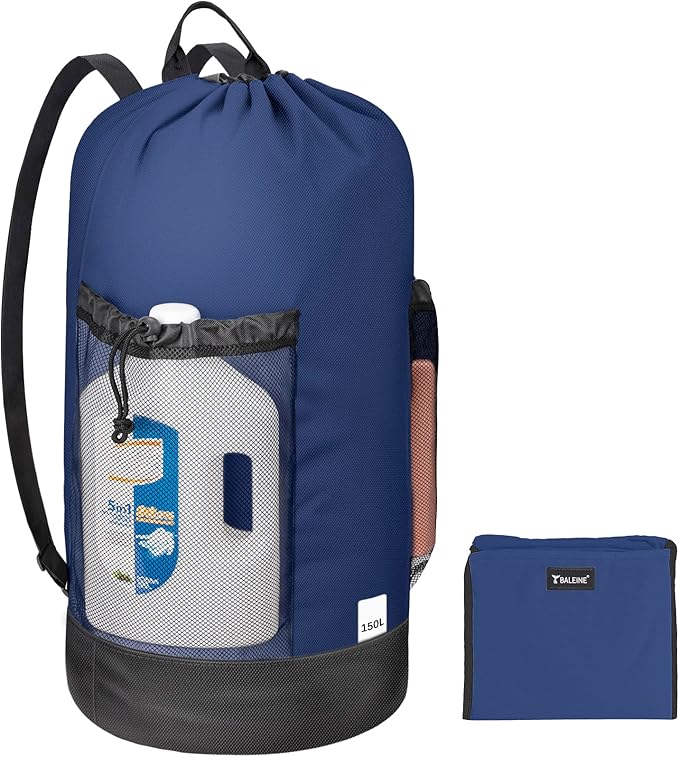 BALEINE 150L Laundry Bag Backpack, 900D Oxford Fabric Large Travel Laundry Bags with Shoulder Straps and 2 Mesh Pockets for College Dorm, Apartment, Laundromat (Navy, 150L)