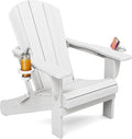 SERWALL Folding Adirondack Chair, Dual Cup Holders & All-Weather HDPE, Wood-Like Patio Chair for Backyard, Camping，Pool & Fire Pit- White