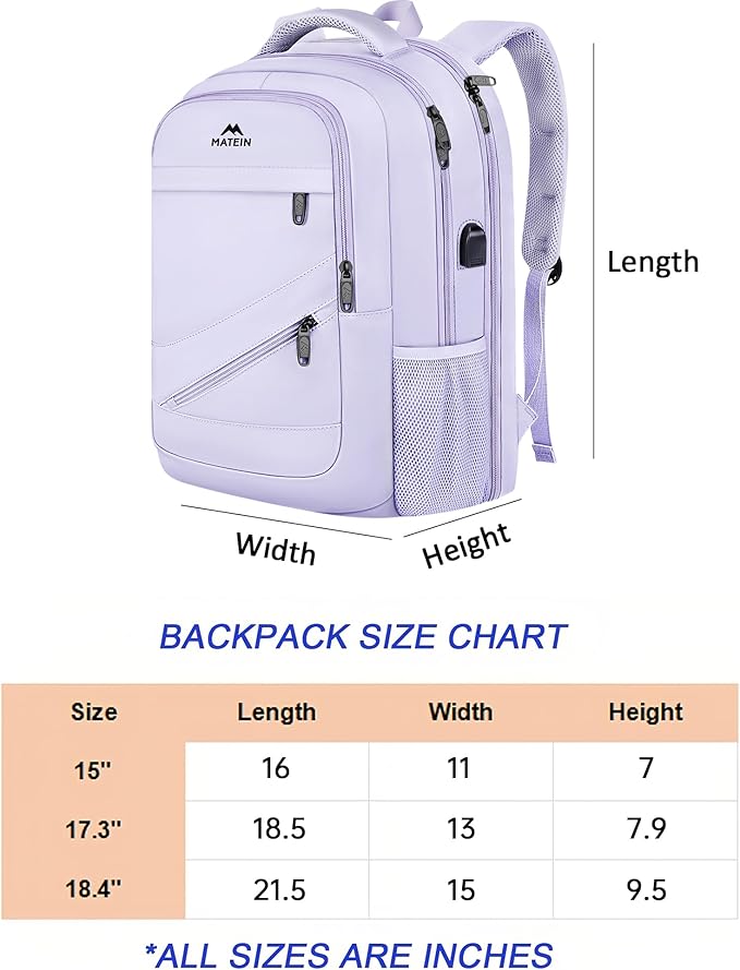 MATEIN Extra Large Laptop Backpack Women, 50 L Carry On Work Travel Bag with USB Port and Anti Theft Pocket, Water Resistant College Backpacks Fit 18.4 In Notebook Computer, Purple