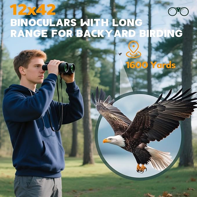 Binoculars for Adults High Powered – 12X42 HD Compact Binoculars for Bird Watching, Hunting Gear, Cruise & Beach Vacations Essential, Camping & Travel Essential Accessories (Black)
