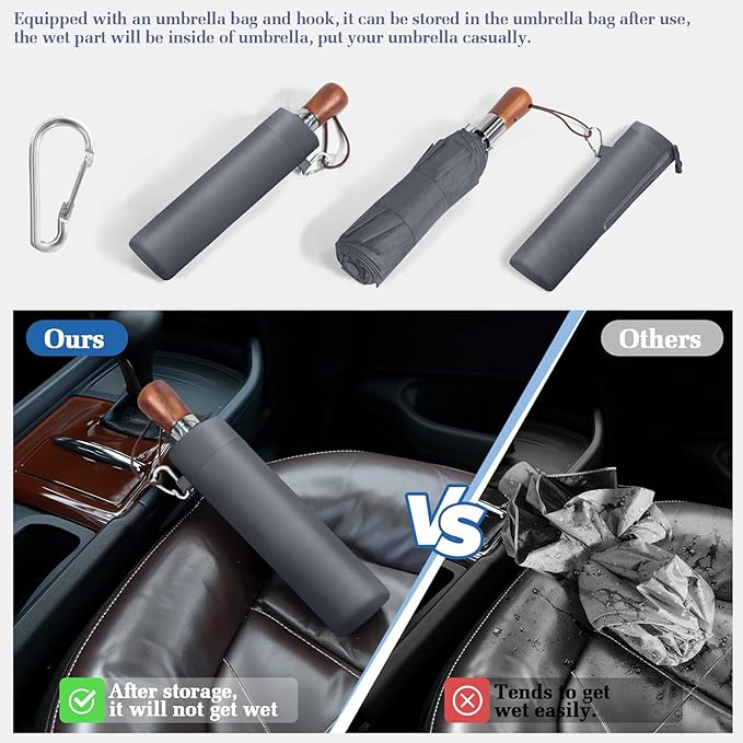 3T Wind Armor Travel Umbrella Compact Easy Auto Open Close Folding Umbrellas for Rain Windproof Umbrella for Women and Men Durable Real Wood Handle Portable Fits Backpack Car