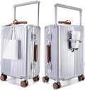 feilario 24in Aluminum Frame Wide Handle Hard Shell Carry On Suitcase - Vivid Colors Double Spinner Wheels Airline Approved Rolling Luggage with TSA Lock & Cup Holder (Silver, 24in)