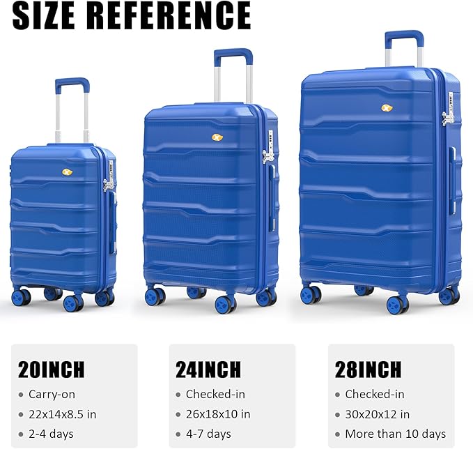 Luggage Sets 3 Piece, Hard Shell Luggage Sets with Spinner Wheels, PP Lightweight & Durable Suitcases with TSA Lock, Hardside Travel Suitcase Sets (20/24/28 inch), Blue