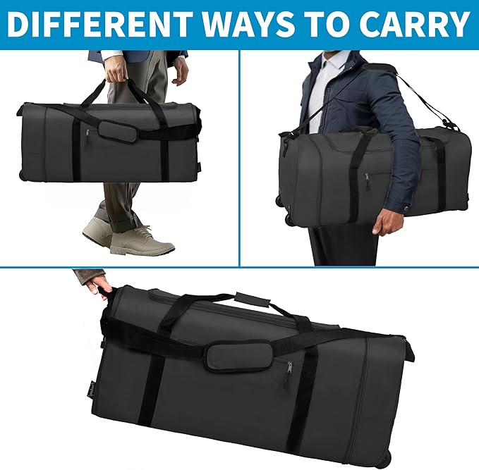 Finnhomy 100L Foldable Rolling Duffel Bag with 2 Wheels, Light Weight Travel Duffel bag with Large Loading Capacity, 32 inch Rolling Duffel bag with Shoulder Strap for Travel Camping Sports, black