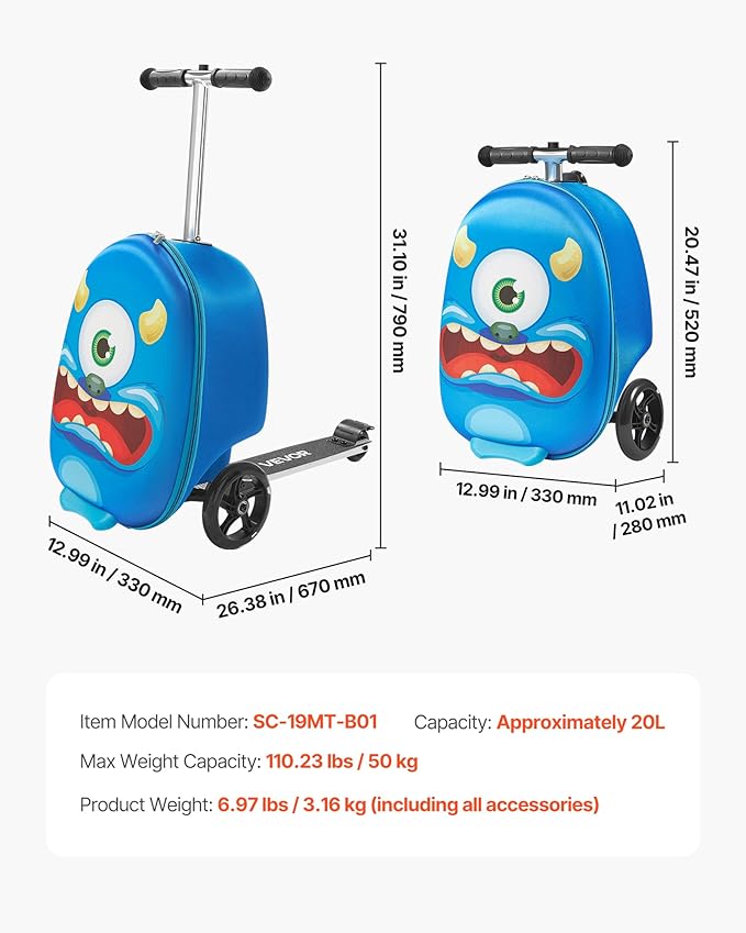 VEVOR Ride-on Luggage, 20 L Capacity, 20 Inches Kids Scooter Suitcase with Flash PU Wheels, Adjustable Handle & TPR Non-Slip Grip, Foldable & Lightweight Scooter Luggage for Kids Aged 5+, Blue
