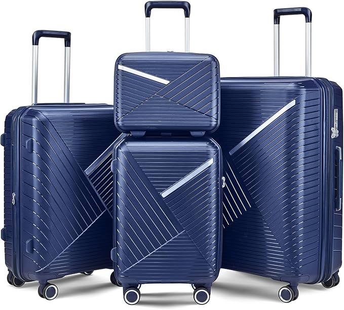 Campfun Luggage 4 Piece Sets, Expandable Carry On Luggage Set Hardshell PP, Suitcase Set with Double Spinner Wheels, Checked Durable Lightweight with TSA Lock, 14in 20in 24in 28in-Blue(B)