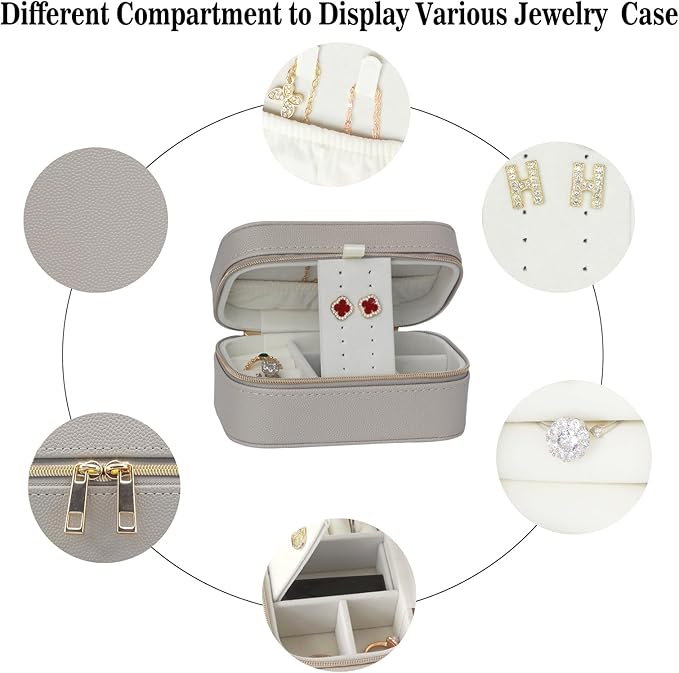 Travel Jewelry Case Small Suitable For Jewelry Organizers and storage In A Carry-on Handbag, PU Leather, Sturdy And Smooth Gold Metal Zipper, Travel Essential Gray Small Jewelry Box