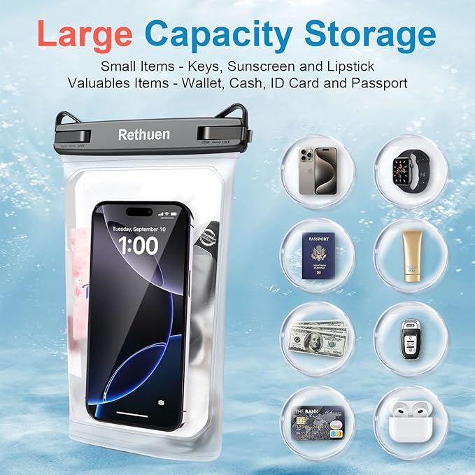 Large Floating Waterproof Phone Pouch, 2Pack Cell Phone Dry Bag for iPhone 16 15 14 13 12 Pro Max Galaxy S24 S23 S22 All Phones, Float Water Proof Bag for Beach Water Park (Frosted + Frosted)