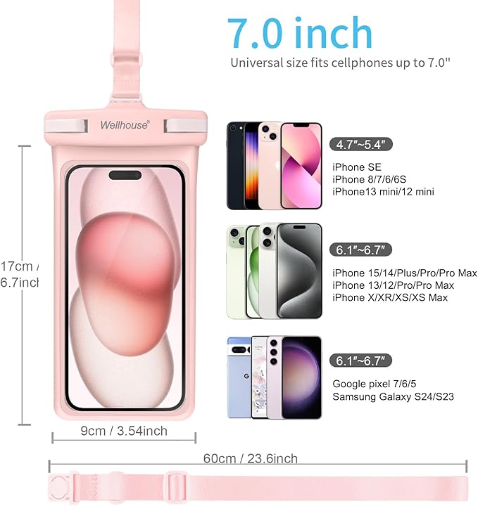 wellhouse Waterproof Phone Pouch, Waterproof Phone Case for iPhone 16 15 14 13 12 Pro Max XS Samsung, IPX8 3D Cellphone Dry Bag Beach Essentials (2 Pack -Pink & White7.0, 7 inch)