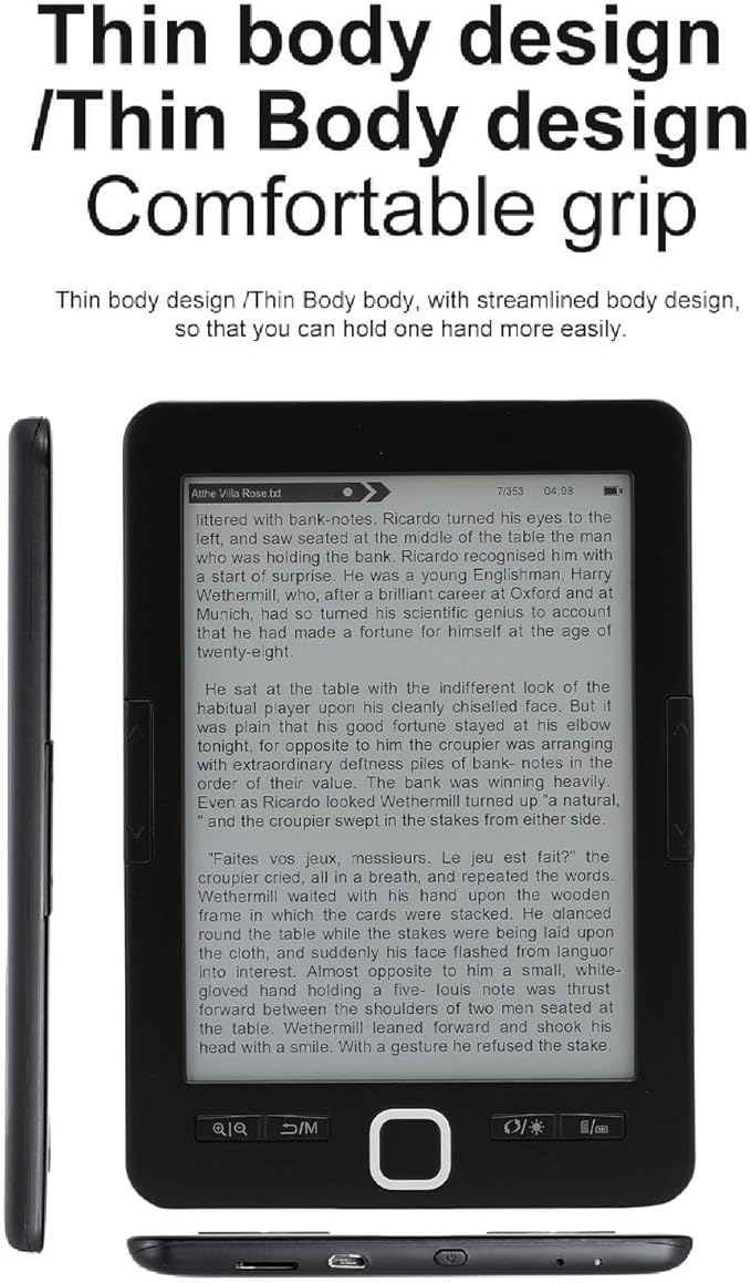 BK6033 Ebook Reader, 6in EInk Screen E Reader, Built in 8G Memory, Adjustable Font Sizes, Types & Brightness, Portable Electric Book Readers, Audiobooks, 32G Expansion