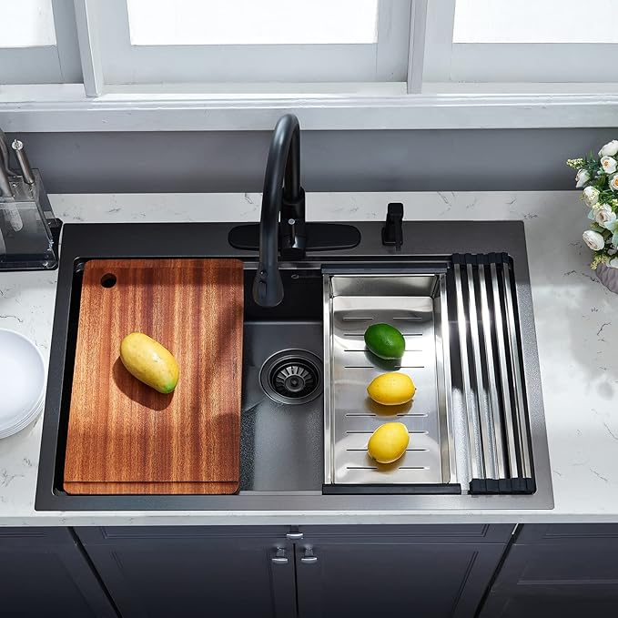 Kitchen Sink, 33 x 22 Drop in Kitchen Sink Gunmetal Black 16 Gauge Stainless Steel Kitchen Sinks Single Bowl Workstation Sink with Cutting Board
