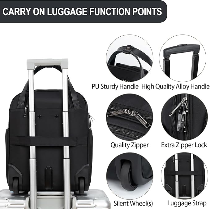 EMPSIGN Underseat Carry On Wheeled - 16" Carry on Bag with Wheels Multi-functional Lightweight Rolling Bag Overnight Weekender Small Suitcase for Women Men Travel Business, Black