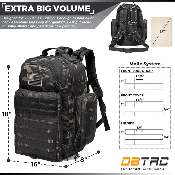 Diaper Bag Backpack for Dad, DBTAC Large Baby Nappy Bag for Men w/Changing Mat, Insulated+Wipe Pockets, Stroller Straps, Black Camo