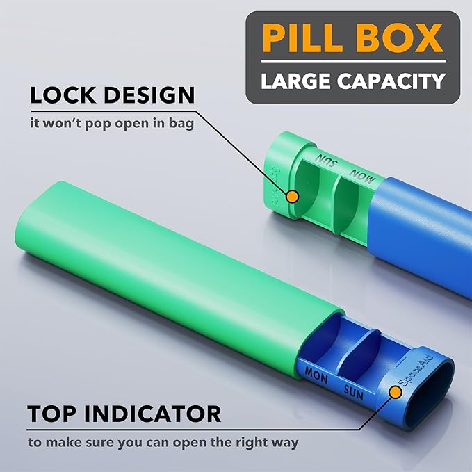 SpaceAid 2 Pack Pill Organizer Box 7 Day, Weekly Travel Pill Case Holder, 2 Times a Day AM PM Daily Pocket Pharmacy Dispenser Container for Pills, Vitamins and Medicine (Blue, Green)