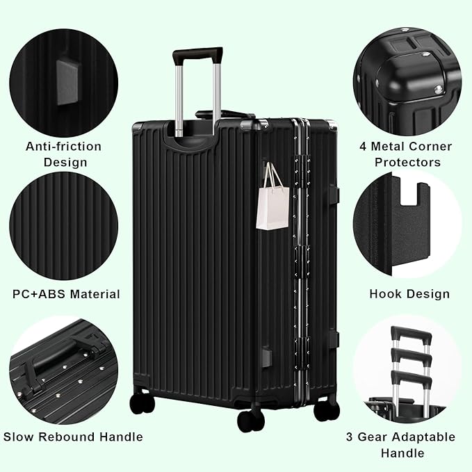 AnyZip Luggage PC+ABS Aluminum Frame Zipperless Checked Luggage Hard Shell Suitcase with TSA Lock Double Spinner Wheels 28 Inch Black