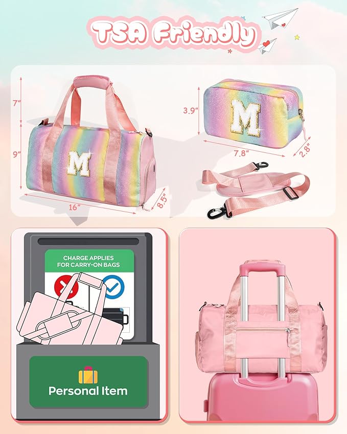 Birthday Gifts for 3 4 5 6 7 8 9 10 11 12 Year Old Girls-Girl Gym Bag with Shoe Compartment, Kid Personalized Weekender Overnight Bags, Initial Travel Tote with Makeup Pouch (Letter B)