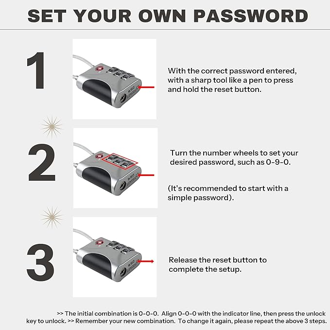 TSA Approved Luggage Locks - Small Combo Travel Padlock with Cable, TSA 007 Suitcase & Backpack Security, Durable & Easy to Use (Black+Silver)