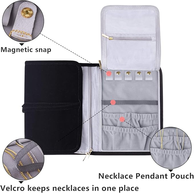 Teamoy Velvet Travel Jewelry Roll, Jewelry Storage Bag Organizer for Necklaces, Earrings, Bracelets, Rings, Brooches and More, Compact and Easy to Carry (Large, Velvet- Black)