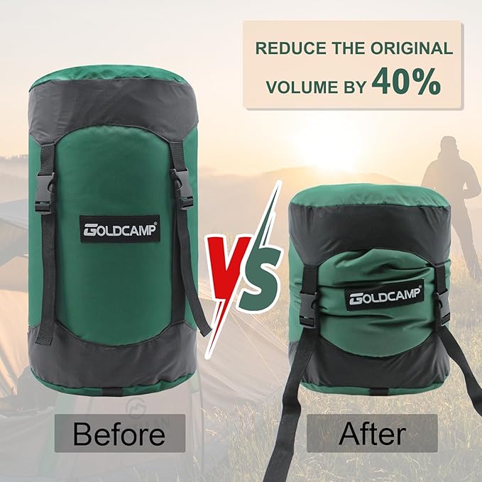 GoldCamp Compression Sack, 40% More Storage! 18L/30L/43L/49L/65L Compression Stuff Sack, Waterproof & Ultralight Sleeping Bag Stuff Sack - Space Saving Gear for Camping, Hiking (Green, XXXL)