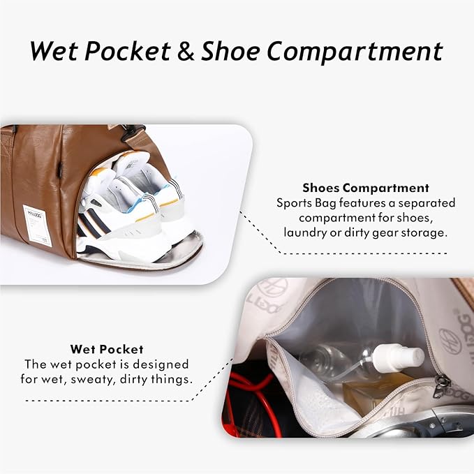 Leather Sports Gym Tote Bag with Shoes Compartment & Wet Pocket, Travel Duffel for Men & Women, Shoulder Weekender Overnight Bag for Yoga, Pilates, Swimming