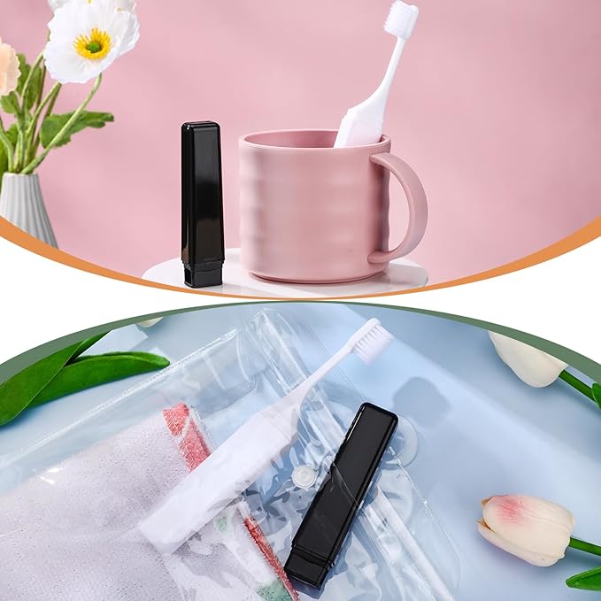 Patelai 2 Pieces Travel Toothbrush Set, Soft Bristle Mini Foldable Tooth Brush with Case, Individually Wrapped Small Portable Travel Size Toiletries Stuff for Camping (Black and White)