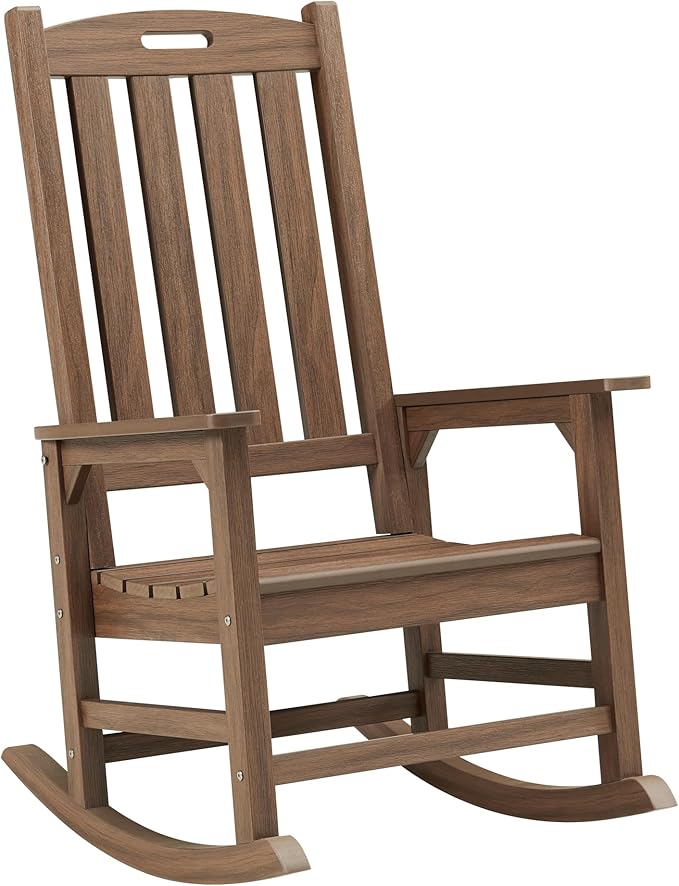 Psilvam Outdoor Rocking Chair, Poly Lumber Oversized Rocking Chair with 21" Wide Seat and 32" Tall Backrest, Pre-Assembled with Most Components for Effortless Installation(Bright Brown)