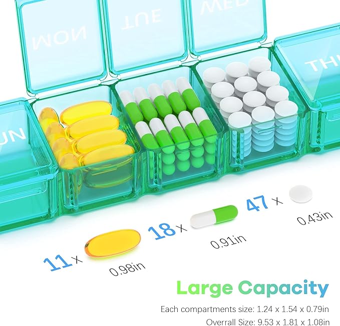 Extra Large Pill Organizer 2 Pack, XL Pill Box 7 Day, Weekly Pill Case with Large Capacity, Jumbo Organizer, BPA Free (Blue+Green)