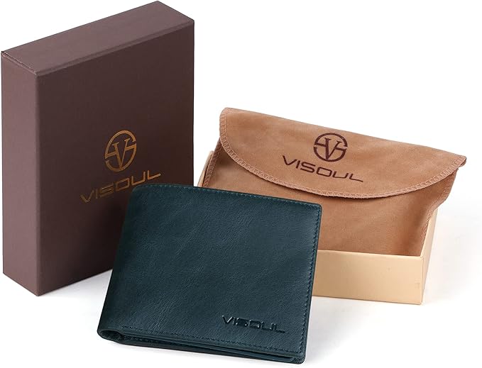 VISOUL Mens Bifold Leather RFID Blocking Wallet with 2 ID Windows, Soft Genuine Leather Card Holder Wallet with 2 Cash Compartments for Men (Dark Blue)