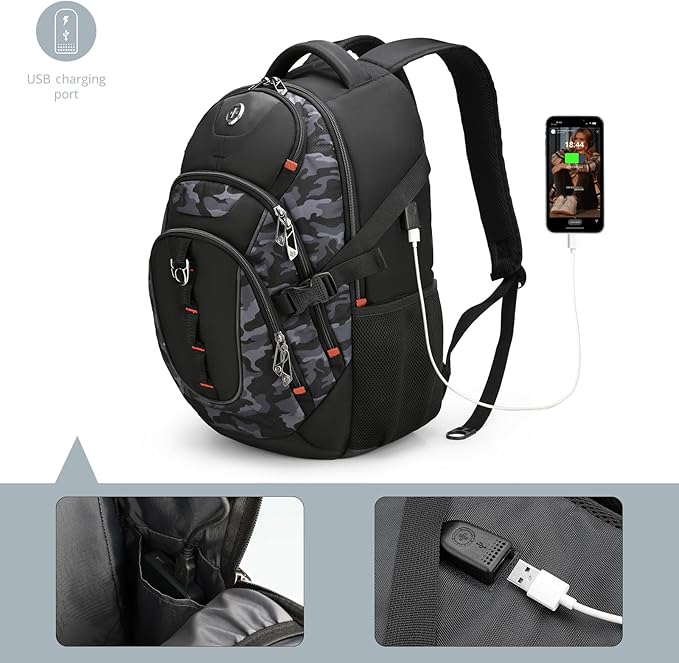 Swissdigital Design Laptop Backpack with USB Charging Port, TSA Travel Backpack Fits 15.6 inches Computer, 31L College School Backpack for Men, Gray Camo | SD803