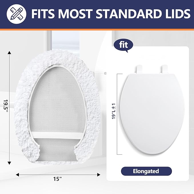 Microfiber Elongated Toilet Seat Cover 19.5"x 15" Machine Washable Solid Toilet Lid Cover Adjustable Rubber Backing Fits Most 18-19.5" L x 14-16" W Elongated Toilet Seat