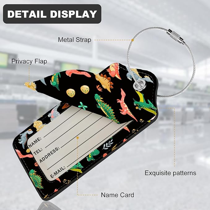 2Pack Luggage Tags for Suitcases, Cute Unique Pu Leather Cruise Luggage Tag with Privacy Cover ID Label Address Card and Metal Ring Suitable for Women Men Kids Travel Bag Dinosaurs and Plants