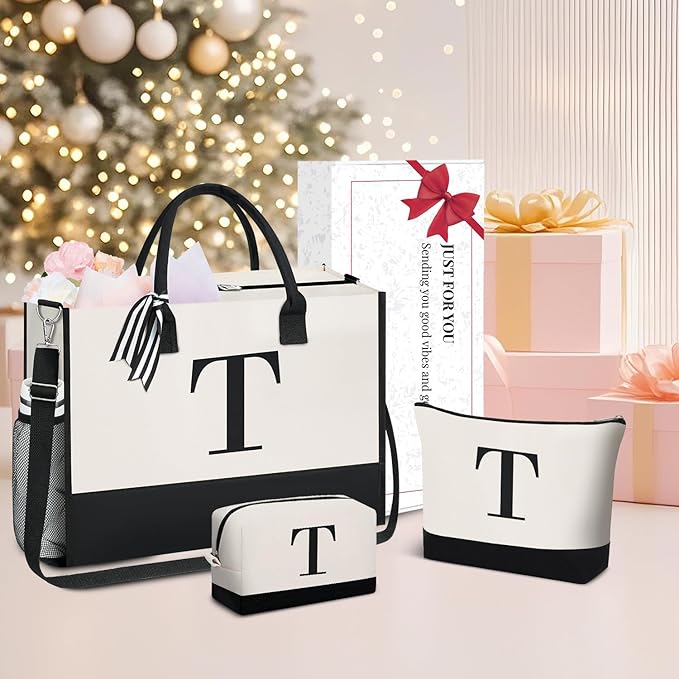 BAGAIL Initial Tote Bag, Personalized Birthday Gifts for Women, Teacher, Friends, Mom, Wedding, Monogrammed Beach Bag