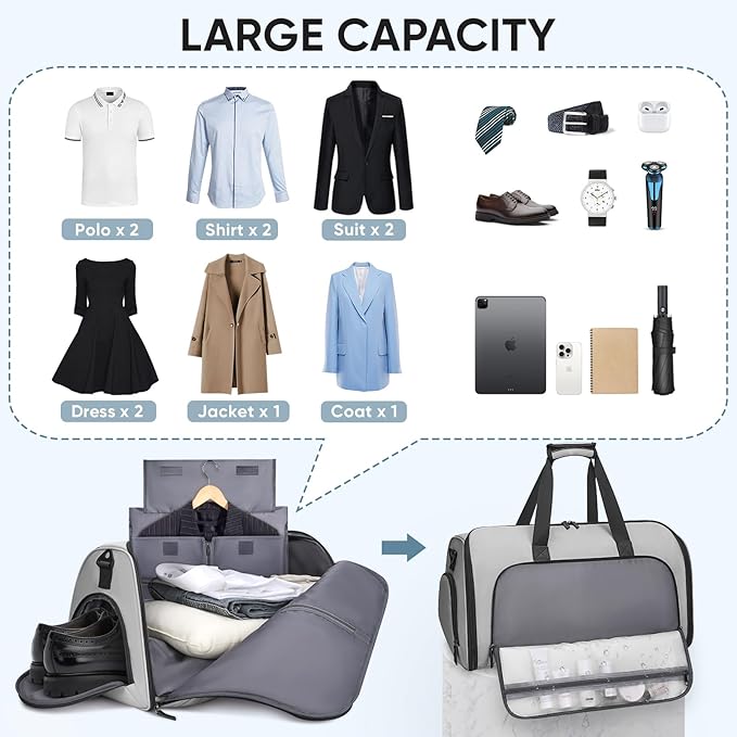 BALEINE Convertible Garment Bag with Shoe Compartment, 2 in 1 Carry on Garment Duffle Bags for Travel, Suit Bag for Men Women (Gray)