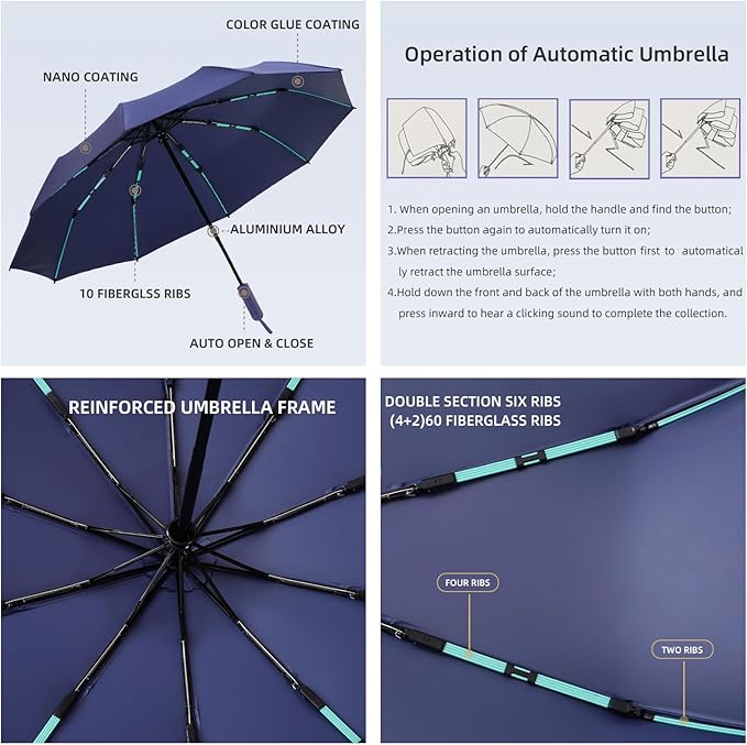 Folding Umbrella Anti-UV Compact Durable Folding Umbrella Auto Open Close Windproof Travel Umbrella Premium Grip Fits Backpack
