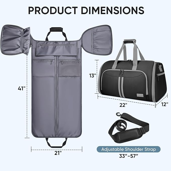 BALEINE Convertible Garment Bag with Shoe Compartment, 2 in 1 Carry on Garment Duffle Bags for Travel, Suit Bag for Men Women (Black)