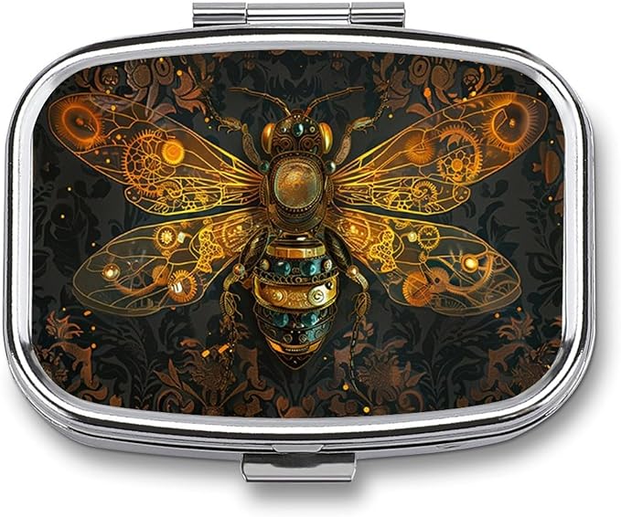 Metal 2 Compartment Pill Organizer Travel Friendly Portable Compact Pill Box Cute Pill Case to Hold Vitamins,Fish Oil,Supplements,Meds,Tablet for Purse,Pocket. (Bee)