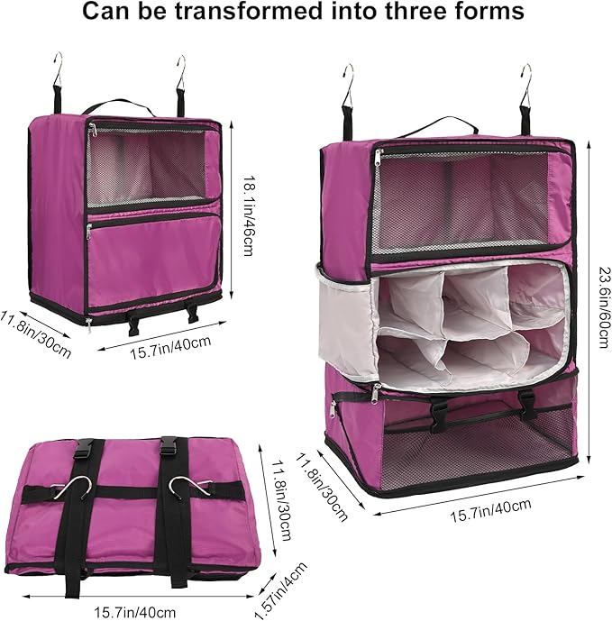 TABITORA Travel Portable Hanging Shelves Closet Organizer Packing Luggage Storage with Multifunctional and Foldable Invisible Compartment,Lightweight, for Suitcase, RV,Closet…Purple,XXL