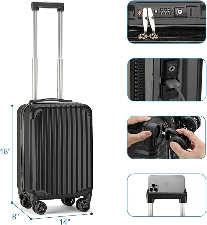 Personal Item Small Suitcase 18x14x8 Inches Hardside Built In TSA Lock & USB Port Lightweight Luggage With Removable Silent Wheels Underseat Carry-On Bag For Spirit and Frontier (Black)