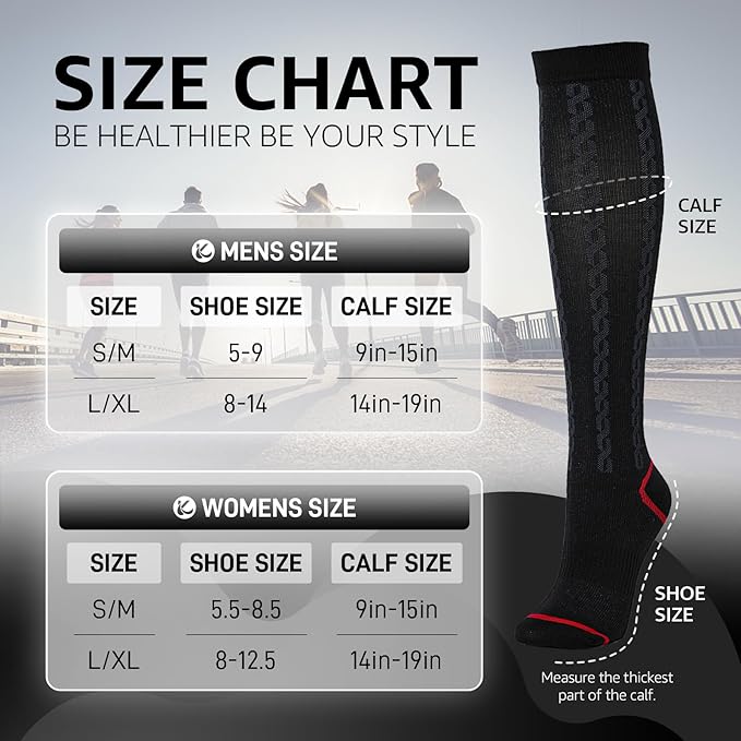 Kickticks 4 Pairs Compression Socks for Woman & Man Unisex 20-30mmHg Knee high Plus Size Wide Calves for Flying Running…