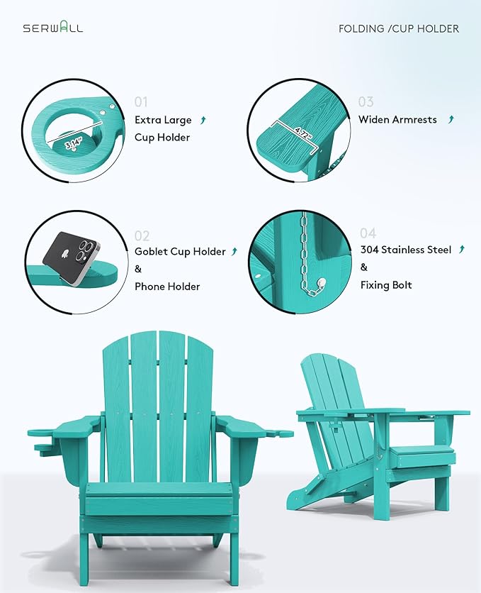 SERWALL Adirondack Chair with Cup Holders - Composite Adirondack Chairs Set of 2 HDPE Outdoor Chairs All Weather Use- Aruba