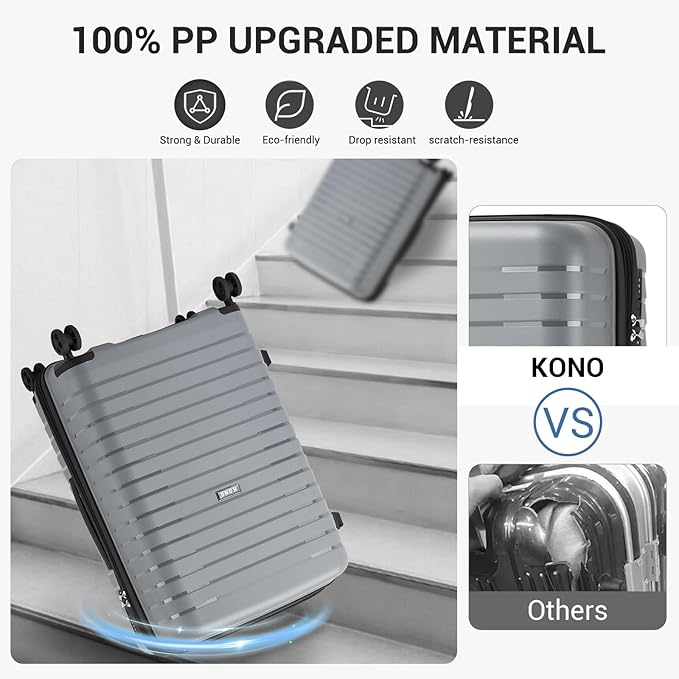 Kono 24 Inch Expandable Luggage Suitcase with Spinner Wheels, Durable Hardside Checked Luggage with Hidden Cup Holder, Lightweight Hard Shell Medium Suitcase with TSA Lock(Light Grey)