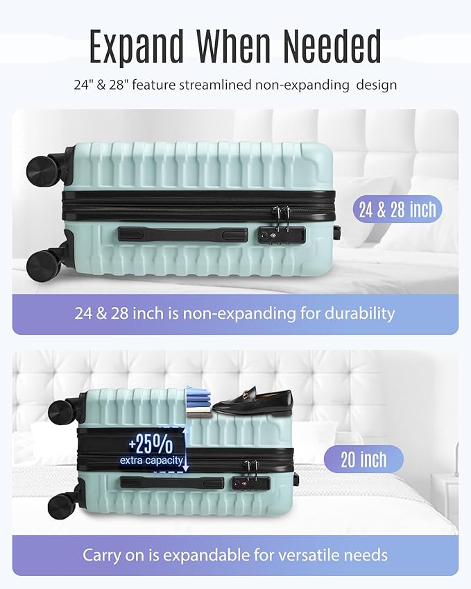 LIGHT FLIGHT Luggage Sets, 3 Piece Durable Suitcase Set with Spinner Wheels, 3 Pcs Hardside Lightweight luggage with TSA Lock, Large Checked Travel Suitcases, 20/24/28 Inch,Mint Green
