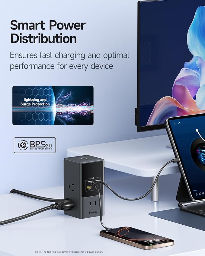 Baseus Charging Station 67W, 10-in-1 USB-C PD Fast Charging Desktop Charger with 1200J Surge Protection, 5ft Extension Cord, 6 AC, 3 USBC, 1 USBA Ports for iPhone 16/15, MacBook, Tablet, Desktop