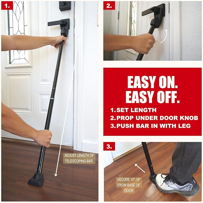 SECURITYMAN 2-in-1 Door Security Bar & Sliding Door Security Bar - Door Jammer Constructed of High Grade Iron - Black Door Stoppers Security Bar