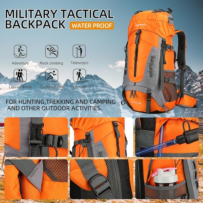 King'sGuard 60L Hiking Backpack Large Waterproof Camping Backpack for Men and Women Lightweight Frameless Backpacking Backpack with Rain Cover (Orange)